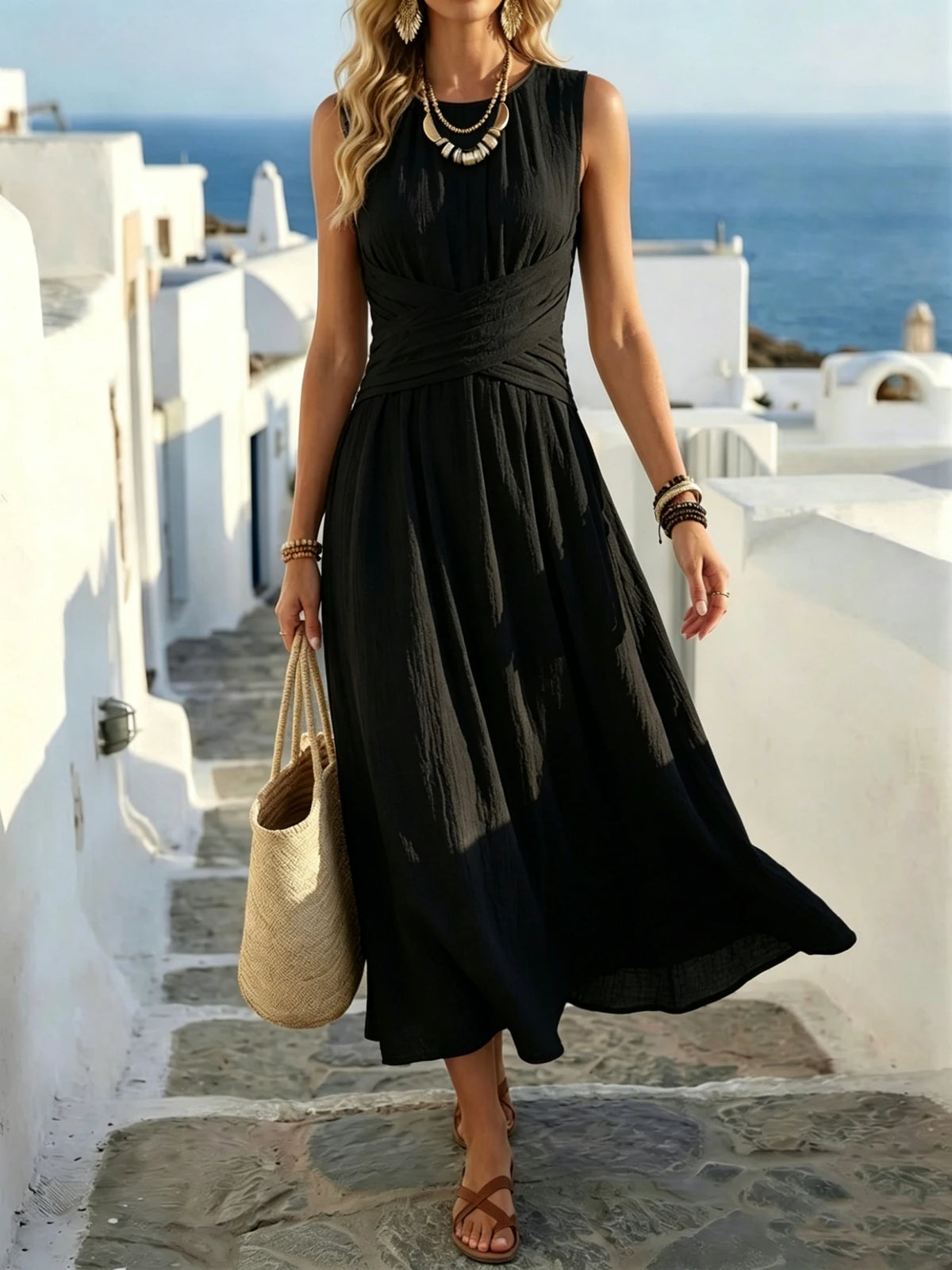 Women's Summer Fashion New Style Elegant Crossed Waistline Round Neck Sleeveless Solid Color Resort Style Maxi Dress