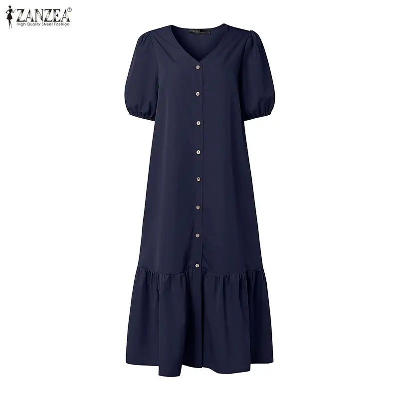 ZANZEA Summer Maxi Dress WomenV Neck Puff Sleeve Button Down Dress Casual Loose Solid Color Ruffle Hem Vacation Sundress Robe