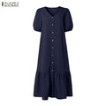 ZANZEA Summer Maxi Dress WomenV Neck Puff Sleeve Button Down Dress Casual Loose Solid Color Ruffle Hem Vacation Sundress Robe