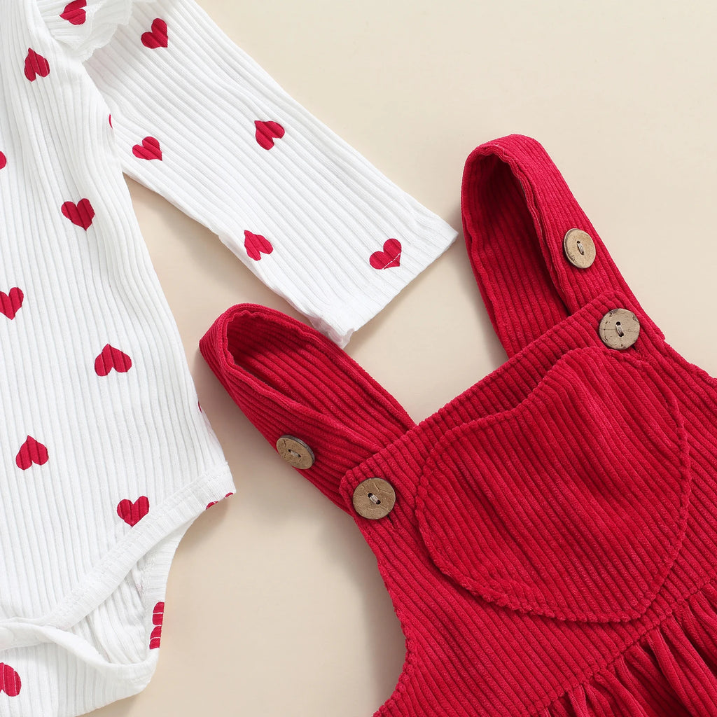 Citgeett Spring Valentine'S Day Infant Baby Girls Clothes Sets Heart Print Ruffles Long Sleee Bodysuits+Suspender Skirts Outfit