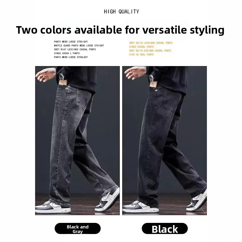 Black Casual Elastic Wide Leg Jeans Men's Loose Straight Fit Jeans Trendy Autumn Winter Long Pants Korean Style Basic Model