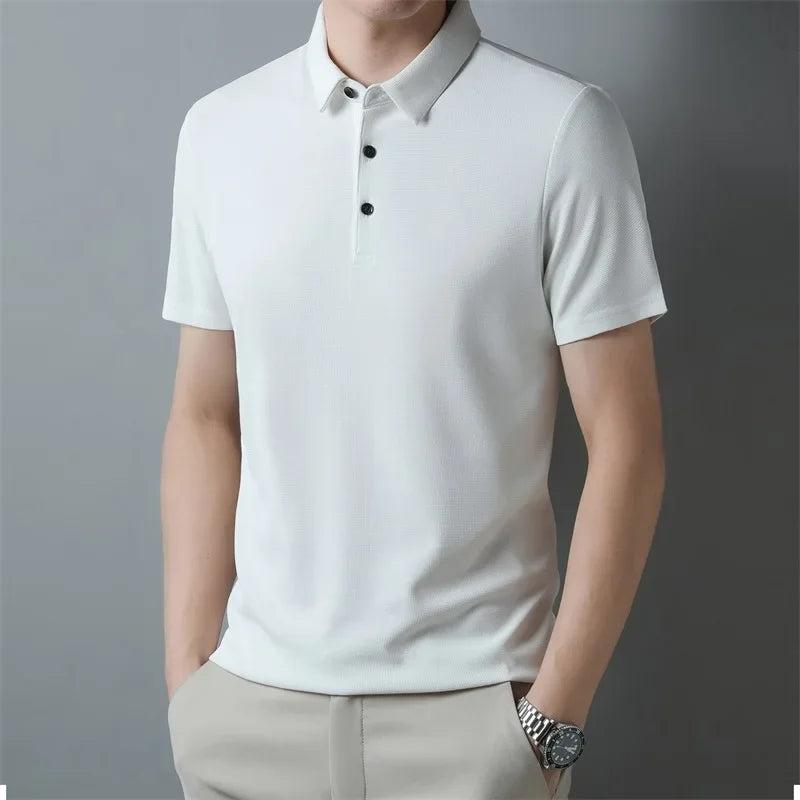 Men'S Fashion Waffle Solid Short Sleeved Polo Shirt Summer Breathable Comfortable Top