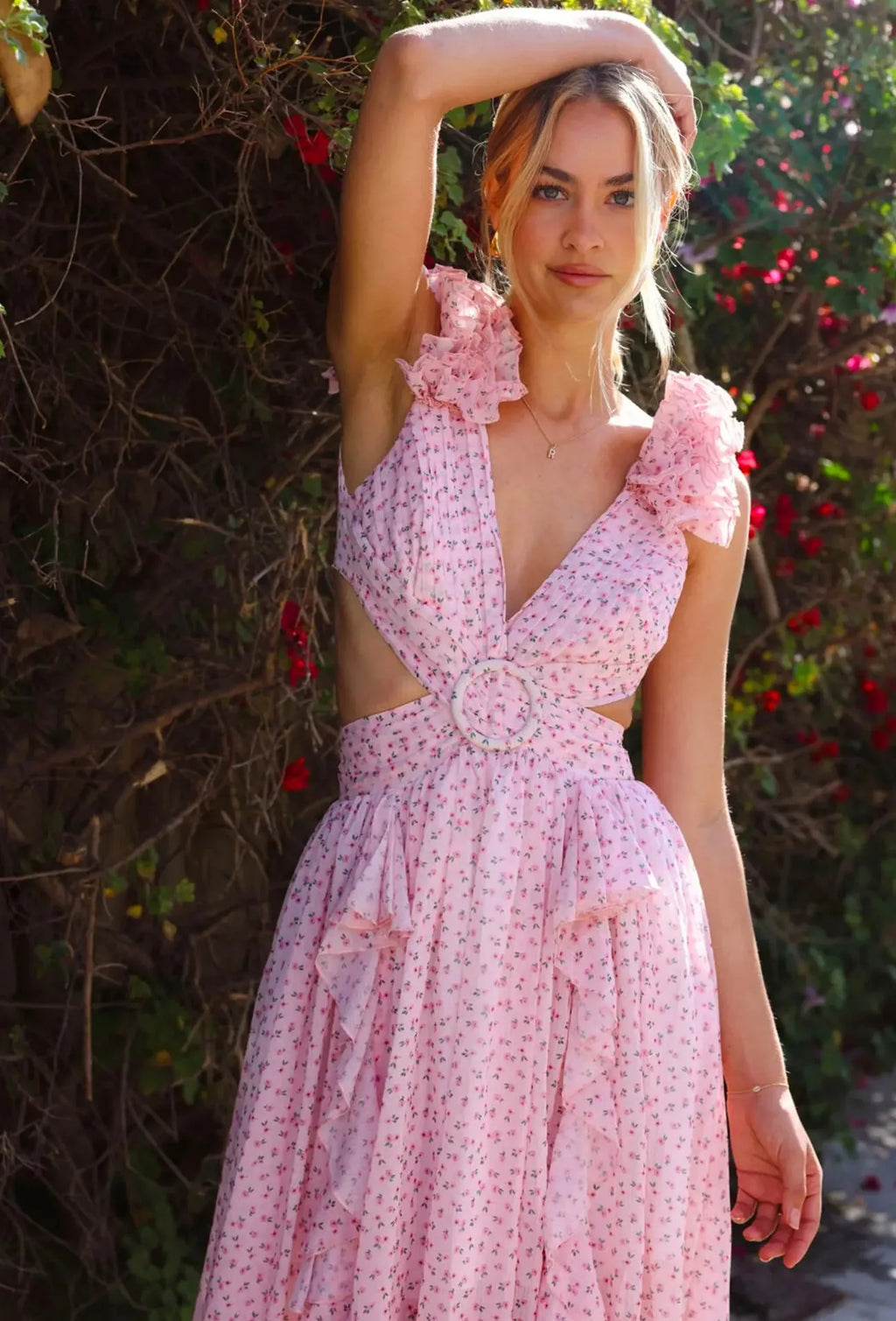 Floral Dress Women Spring Summer Deep V Neck Ruffle Hem Hollow Out Backless Maxi Dresses Bohemian Beach Sundress Outfit