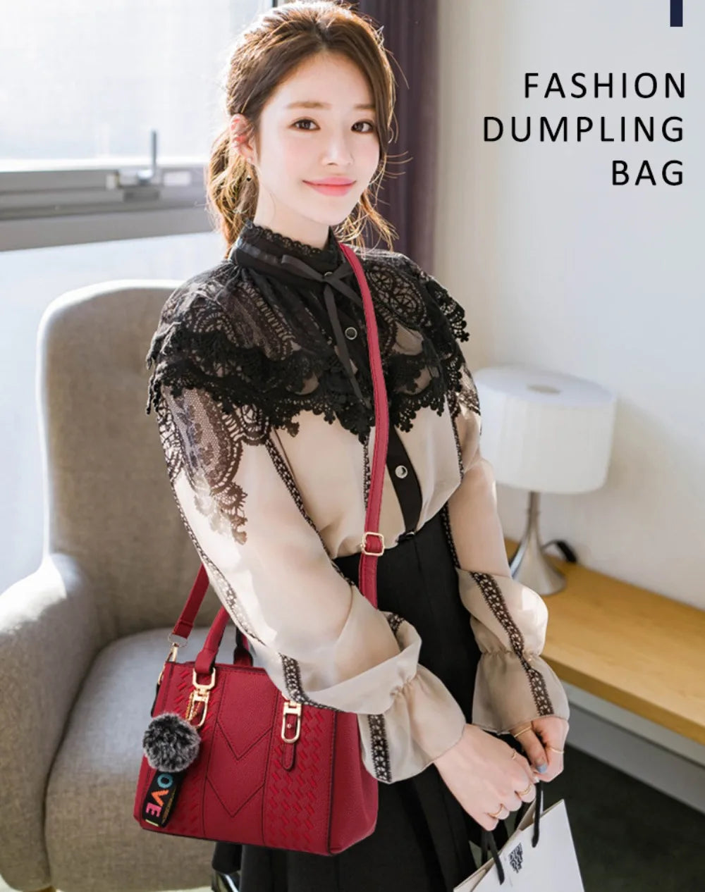 Korea Leather Women Handbag with Keychain Open Pocket Shoulder Bag Large Capacity Casual Messenger Bag Lady