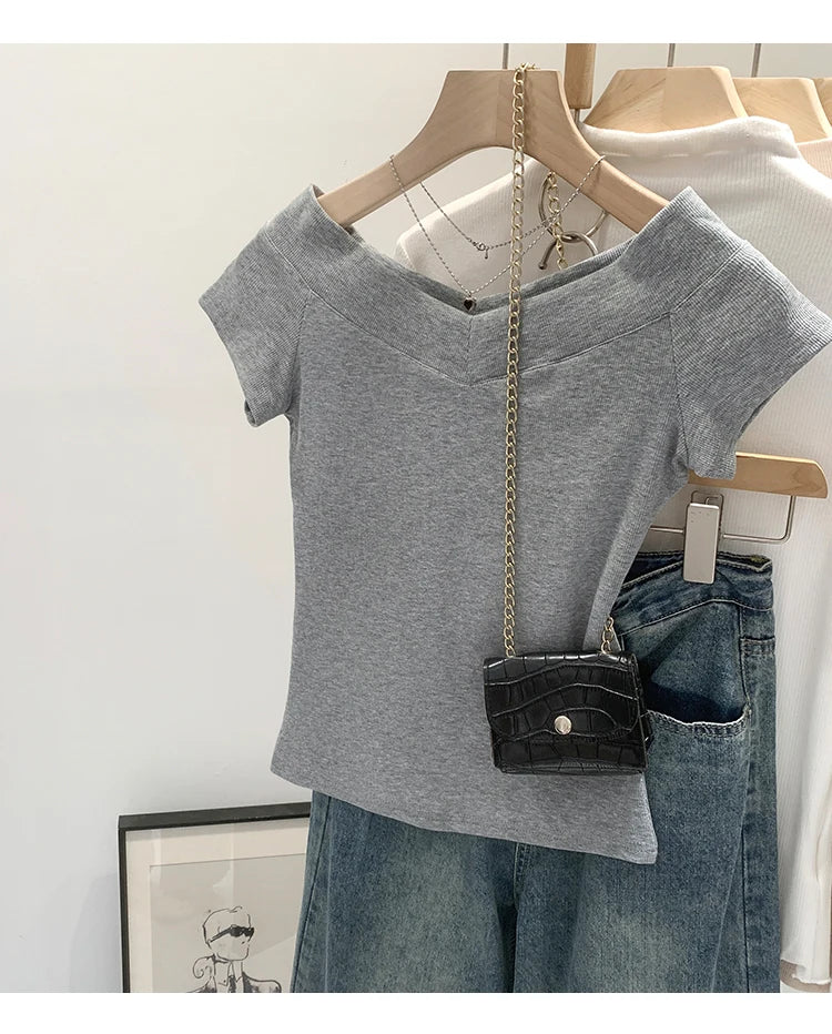 Pink Shoulder Bared Short Sleeve T Shirt Women's Summer New Style Ageless Lady Pure Desire Spicy Girl Top Simple Backless Design