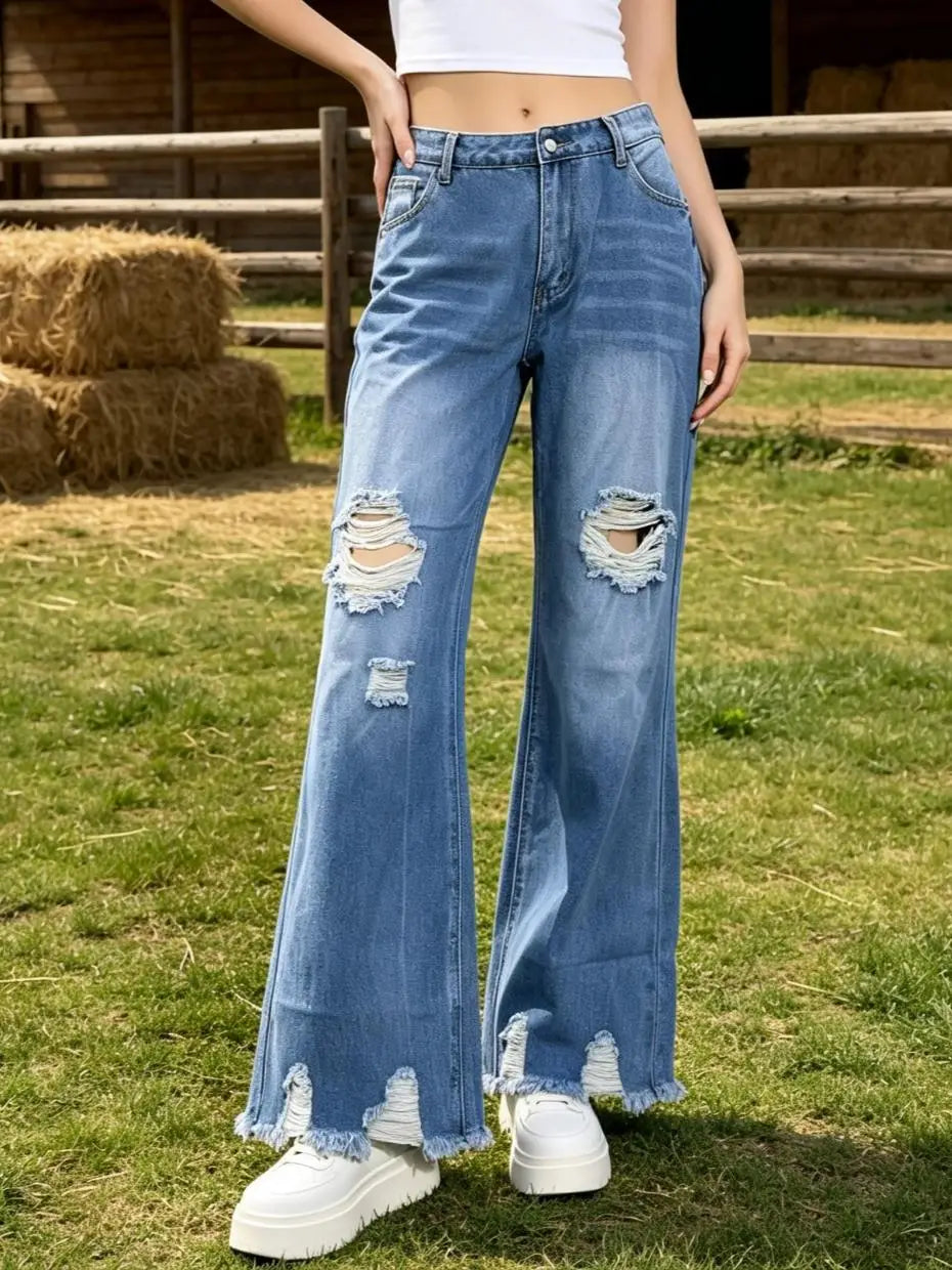 【HME】Jeans | Women Big Ripped Frayed Flare Denim Pants, Mid‑High Waist Light Blue Washed Jeans, Knee Shredded Distress, Irregular Frayed Raw‑Edge Hem, Flare Leg Modify Calf, American Retro Street Style, Slim‑Fit Uni