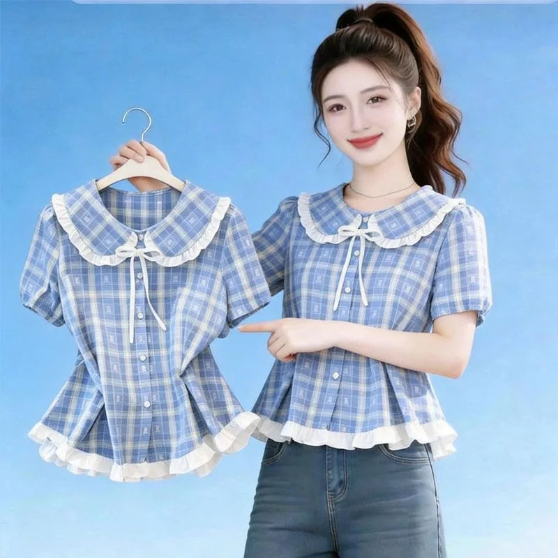 Sweet Style Pink Plaid Shirt Women's Summer Short Sleeve Waist Cinched Slimming Floral  Top Doll Collar Loose Fit Polyester