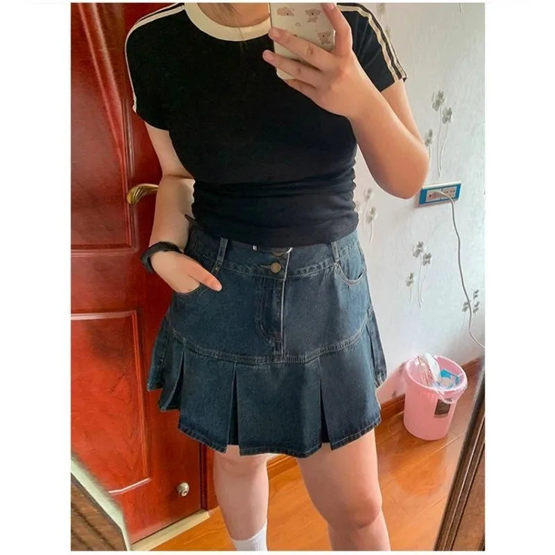 Women's Skirt Denim Pleated Mini High Waist A Line Short Slim Vintage Summer Casual Stylish
