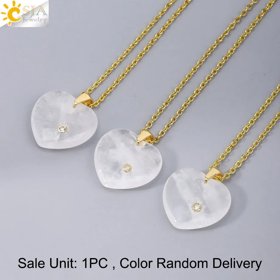 Csja Stainless Steel Heart Pendant Necklace With Natural Stone Amethyst Rose Quartz Crystal For Women DIY Jewelry Makers