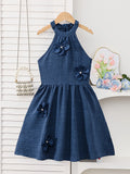 Girls Halter Neck Denim Dress 3D Pearl Flower Decor Sleeveless A‑Line Midi Dresses 4‑12Y Kids Party Dress For Wedding Birthday H