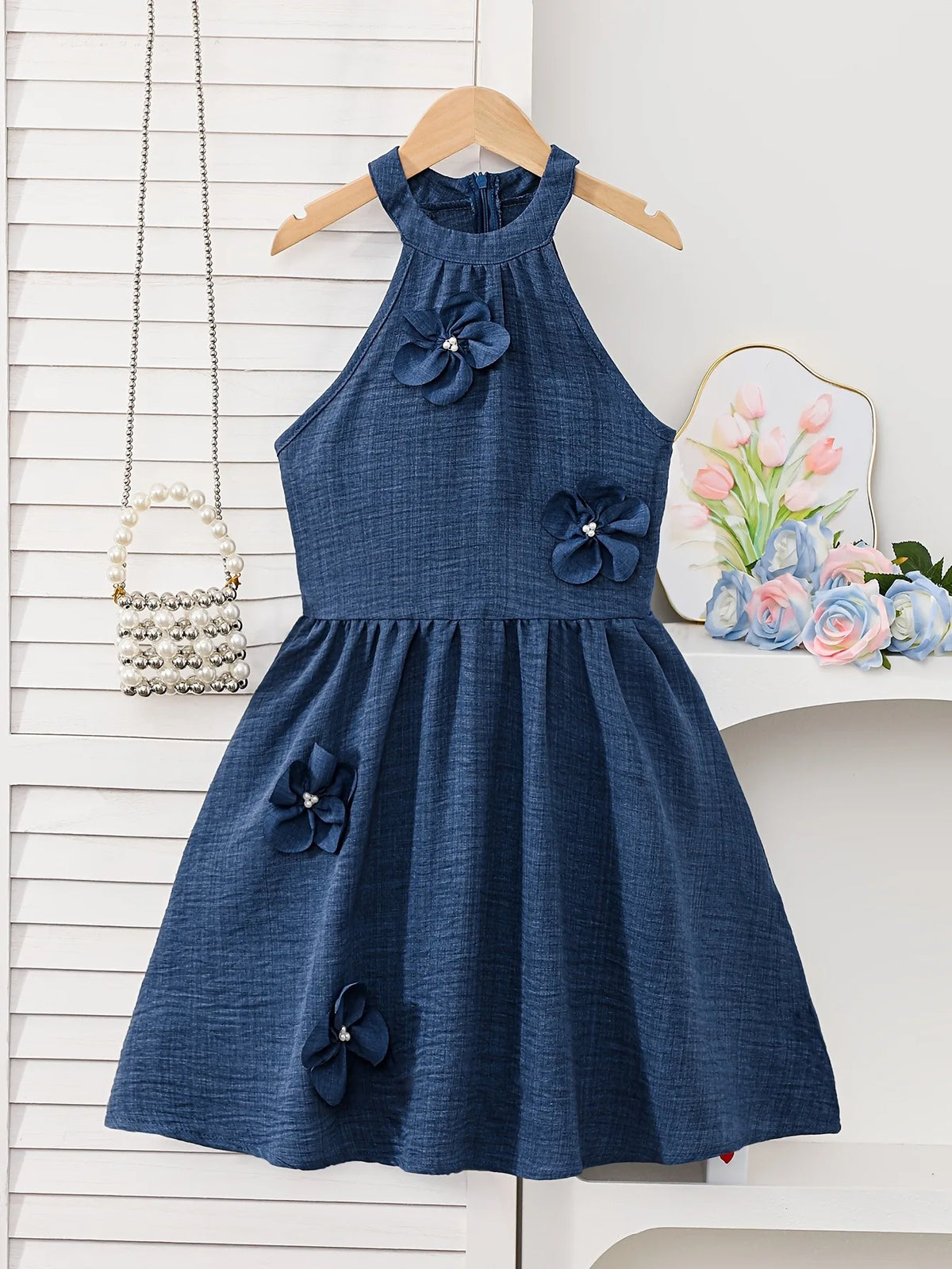 Girls Halter Neck Denim Dress 3D Pearl Flower Decor Sleeveless A‑Line Midi Dresses 4‑12Y Kids Party Dress For Wedding Birthday H
