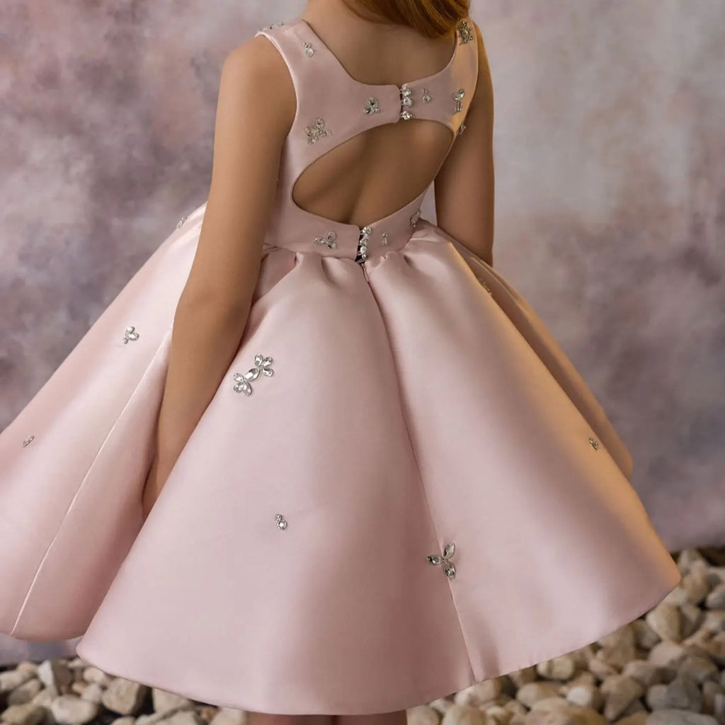 Dreamy Vow J145 Pink Satin Classic Girls Dress Beaded Square Neck Knee Length Children Wedding Birthday Holiday Party Dress 2025