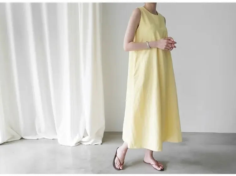 Korean Fashion Women Dress Casual Round Neck Loose Solid Color Casual Big Swing Sleeveless Long Linen Lazy Style Vestidos