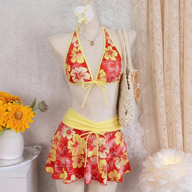Elegant Floral Color Block Swimsuit Women Triangle Halter High-Waist Bikini Set Cover Up Skirt 2026 New Micro Bikini Three-Piece