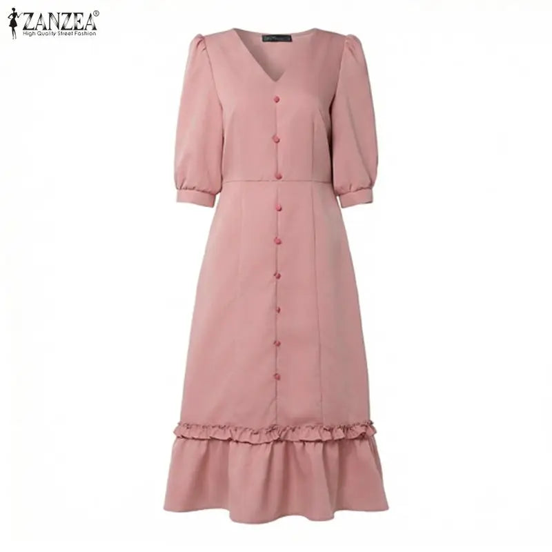 ZANZEA Women Elegant A-Line Midi Dress V-Neck 3/4 Puff Sleeve Cinched Waist Ruffled Hem Dresses Summer Casual Commute Robe Femme