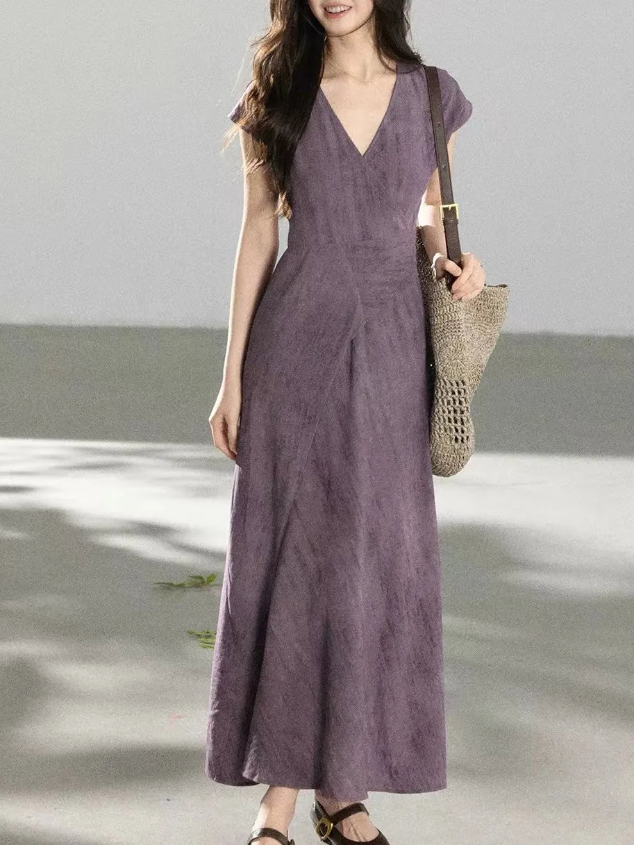 Purple Gradient V-neck Short-sleeved Uneven Hem Dress High Waist Crossed Belt Design Polyester Casual Long Dress