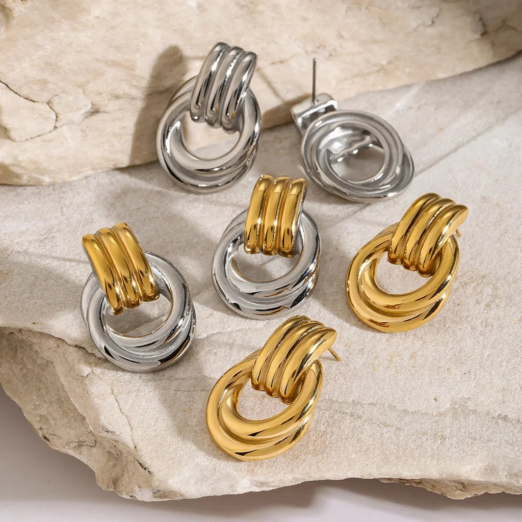 Trendy Stainless Steel Multilayer Circle Twist Knot Earrings For Women'S Texture Mixed Color Gold Plated Statement Earring Bijoux