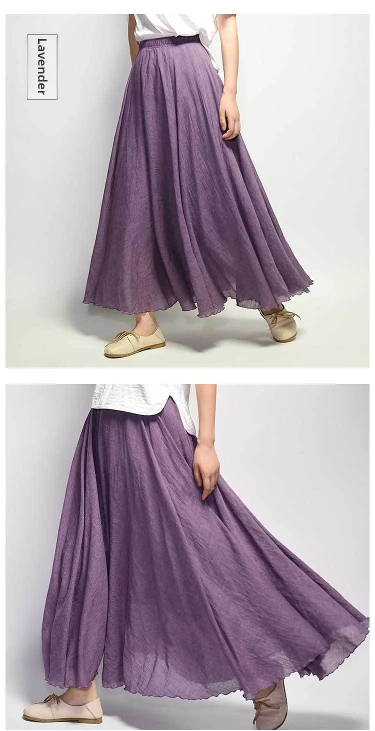 New In 2026 Spring Summer Woman Cotton Linen Midi Skirt Solid Color Loose Flared Pleated A-line Skirt Female Sweet Elegant Skirt