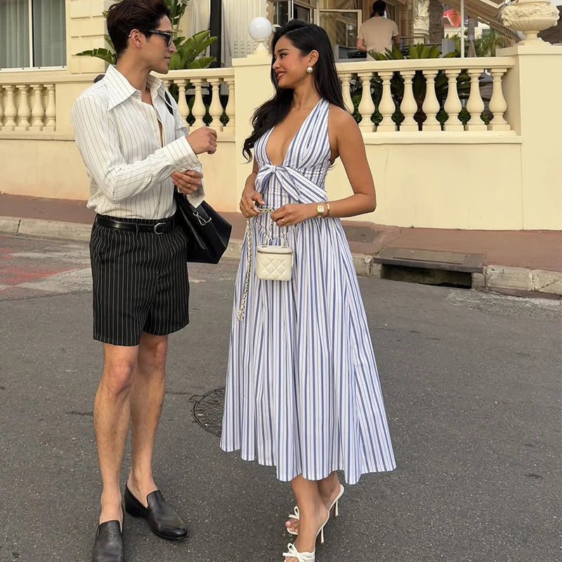 Fashion Sleeveless Slim Fit Long Vestidos New Summer Autumn Commuting Party Dresses Sexy Halter Bow Lace Up Woman Maxi Dress
