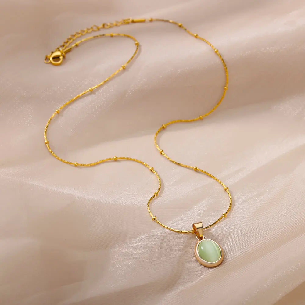 Fashion Stone Opal Oval Necklace For Women'S Stainless Steel Gold Color Oval Stone Pendant Necklace Wedding Aesthetic Jewelry