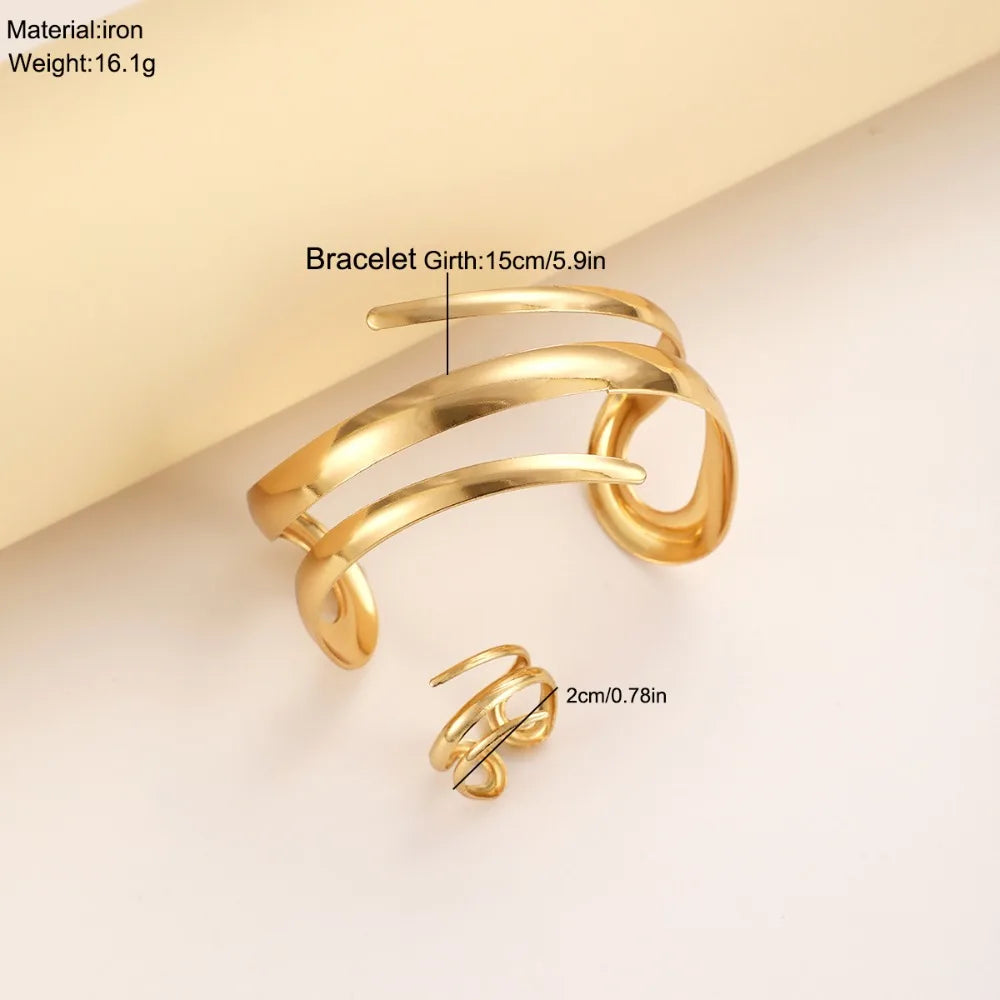 European And American Thick Bracelet And Ring Jewelry Set For Women'S Gold Color Geometric Line Bracelet Ring Combination Set