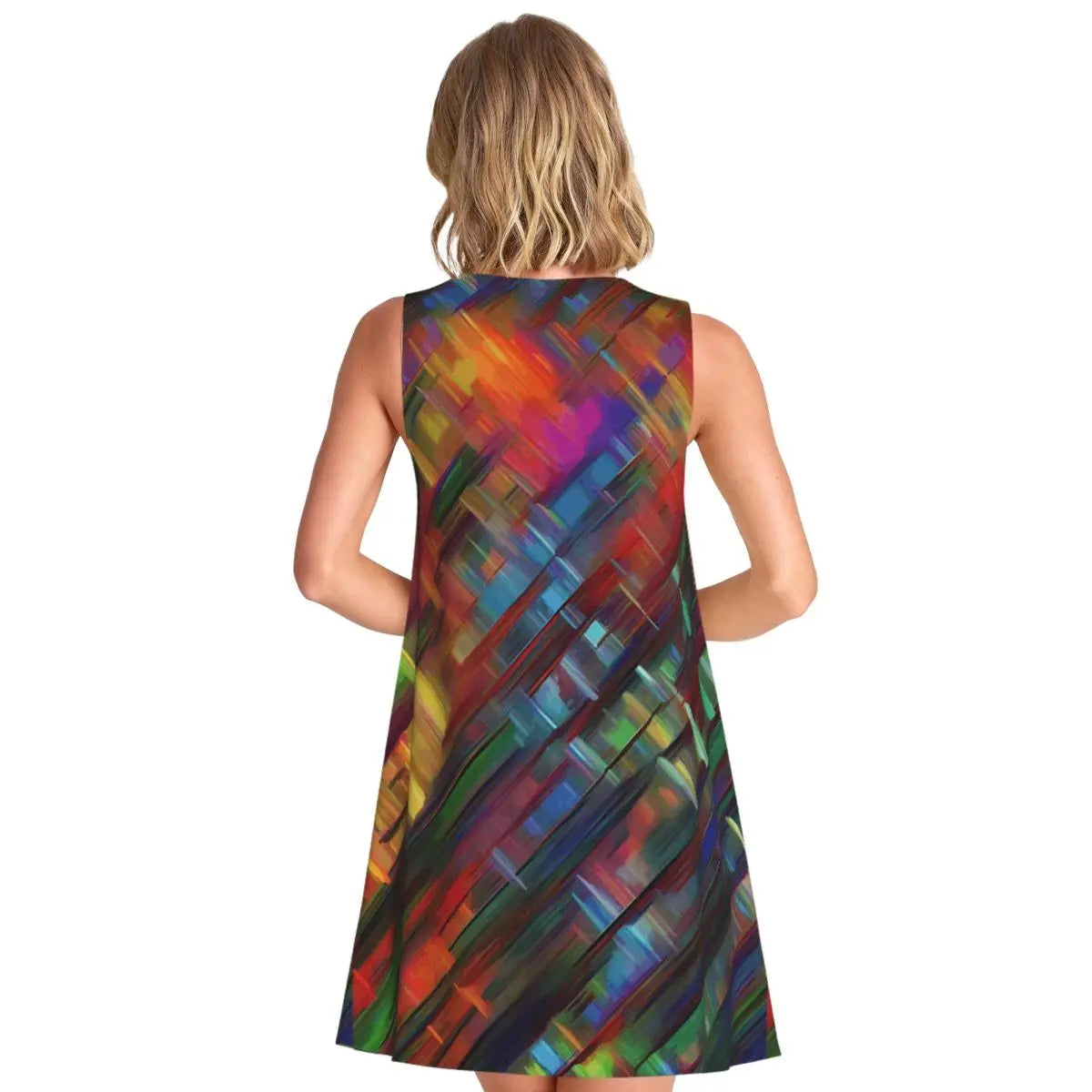 Abstract Brush Print Casual Dress Colorful Print Sleeveless Pretty Dresses Woman Crewneck Aesthetic Dress Spring Print Clothes