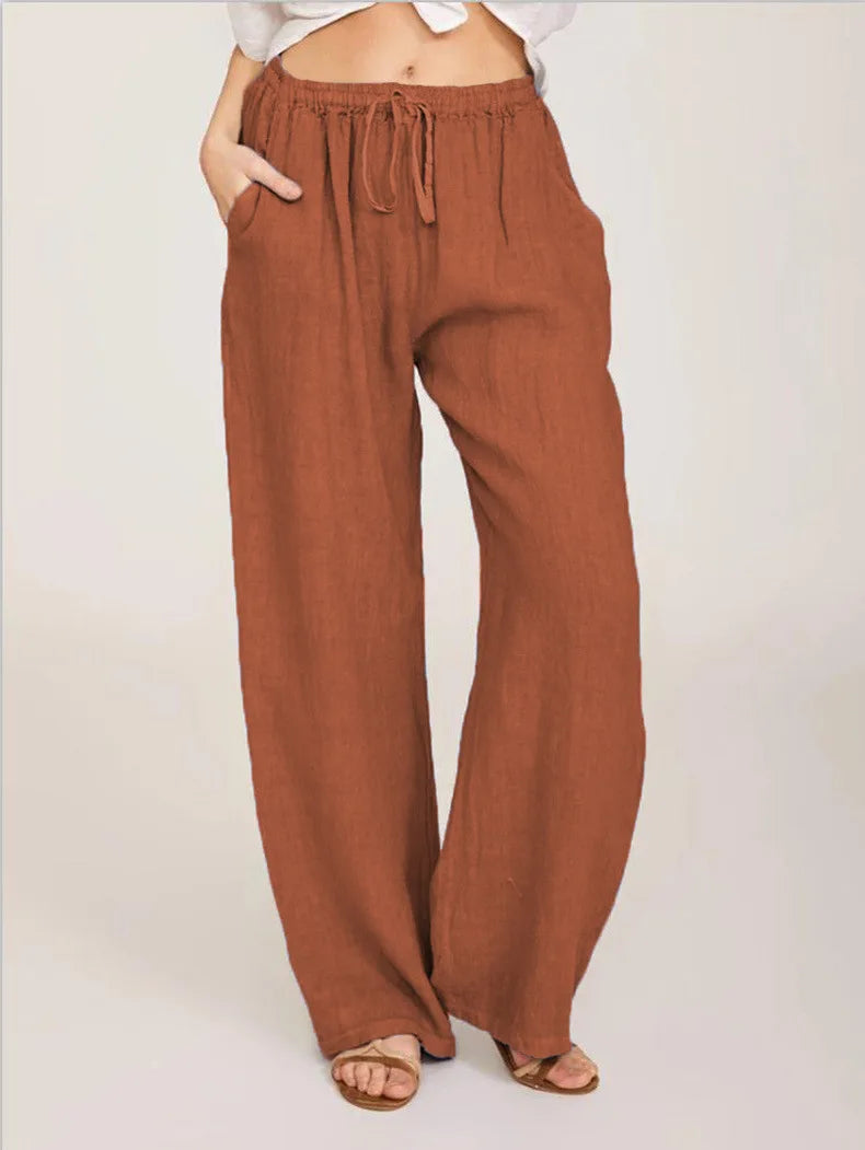 Wide Leg Linen-Blend Casual Pants | Loose Fit Women's Trousers