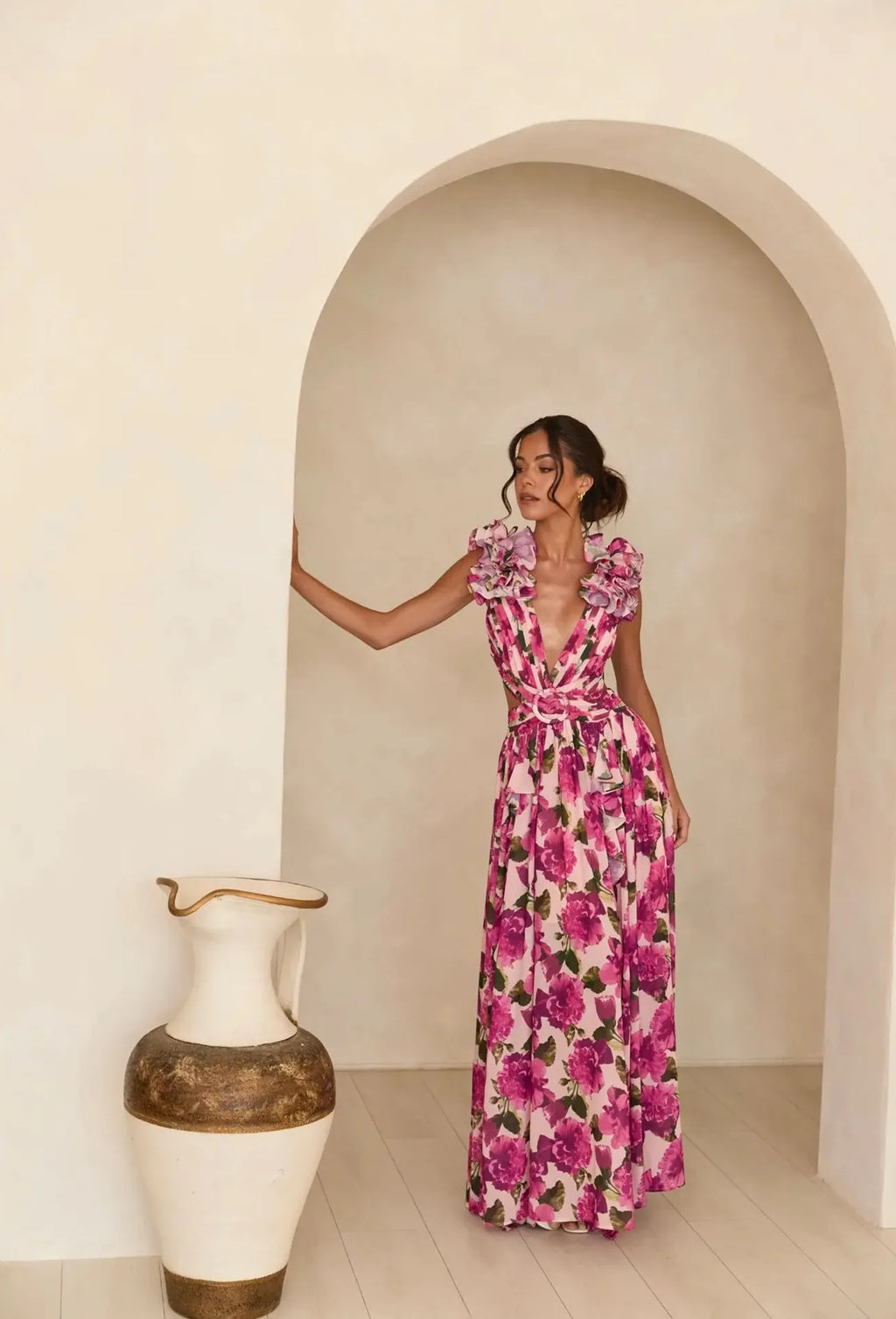 Floral Dress Women Spring Summer Deep V Neck Ruffle Hem Hollow Out Backless Maxi Dresses Bohemian Beach Sundress Outfit