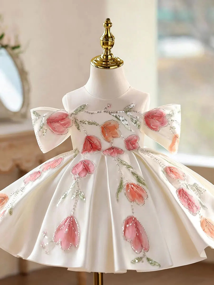 Dreamy Vow D267 White Girls Dress Pink Tulip Embroidery Off Shoulder Large Bowknot Satin Flower Girl Dress Kids Wedding Party