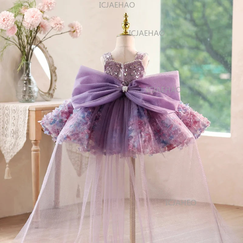 2026 Cute Sweet Purple Children Fashion Floral Sleeveless Kids Host Princess Gown Costume Girls Birthday Party Dress Summer New