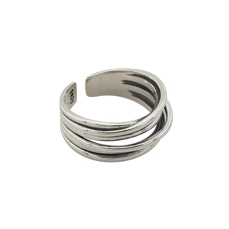 Panjbj 925 Sterling Silver Lines Ring For Women'S Jewelry Finger Adjustable Open Vintage For Birthday Dropship