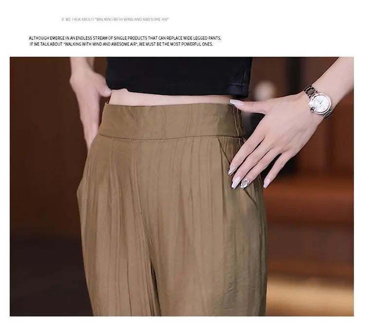 Women's Ice Silk Wide Leg Pants - High Waist Loose Casual Trousers