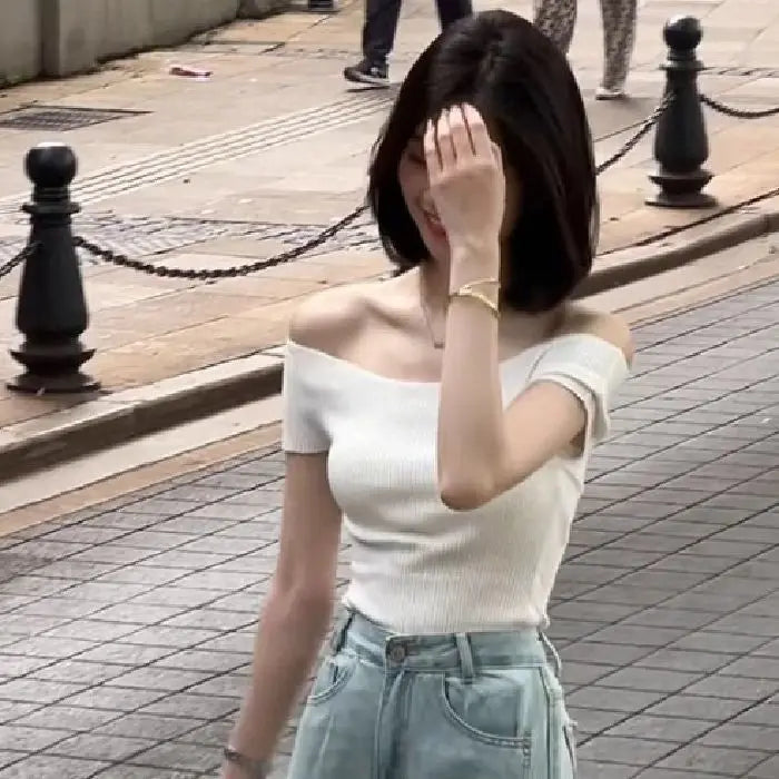 Shoulder Bared Knitted Short Sleeve T Shirt Women's Style Summer Edition Slim Fit Black Color Commute Fashion Creative Pattern