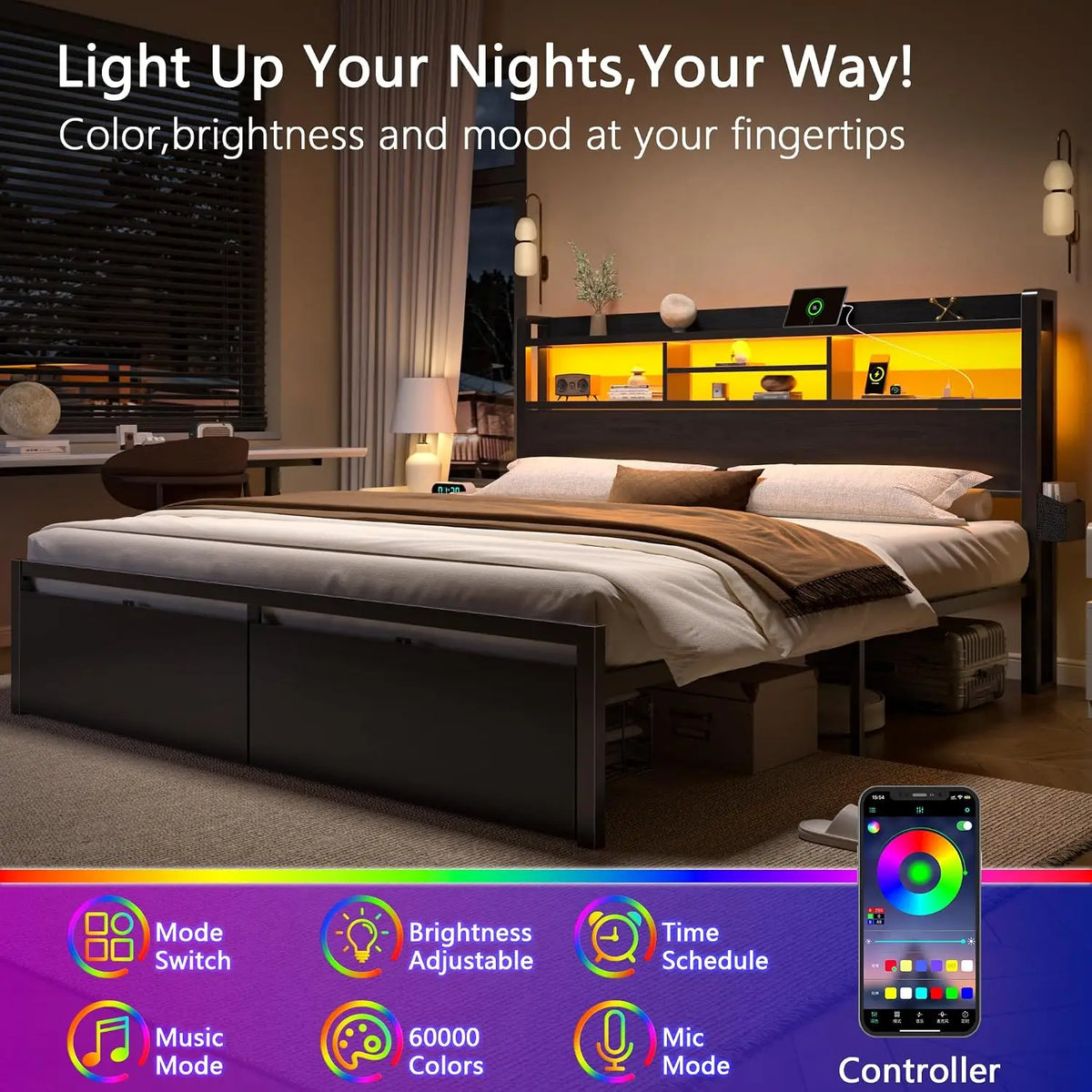 Furnulem King Size Bed Frame with 2 Drawers and Storage Headboard Black | Charging Station,USB Port, RGB LED Lights, 2 Tier Shel