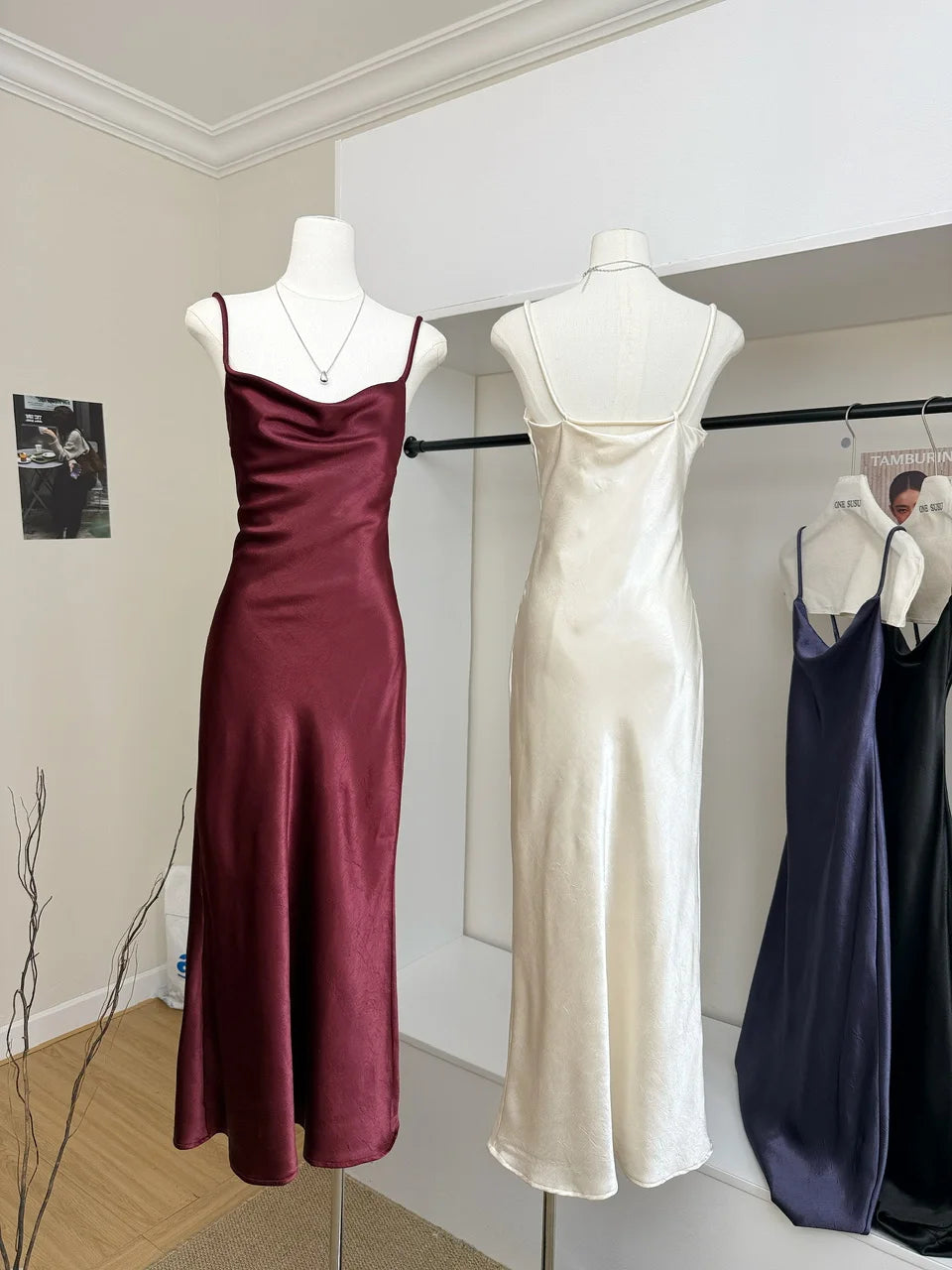 Women's Summer Sexy Swinging Collar Sheen Acetate Slim Long Dress Lady Sleeveless Strap Solid Color Satin Holiday Party Dress