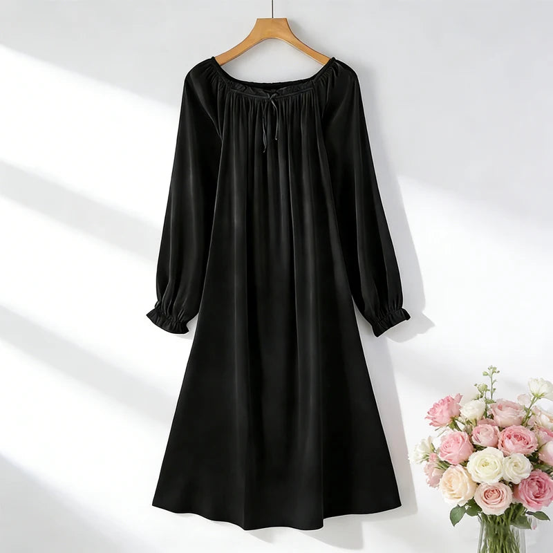Women's Spring/Summer New 92% Natural Mulberry Silk Elastic Satin Solid Loose Sweet Wind Long Sleeve Home Clothes Nightdress