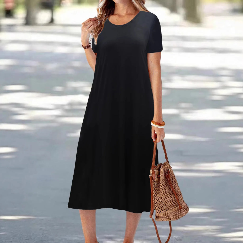 Casual Versatile High Quality round Neck T-Shirt Dress Fashionable Trendy Polyester Long Skirt Elegant Style All-Match Design