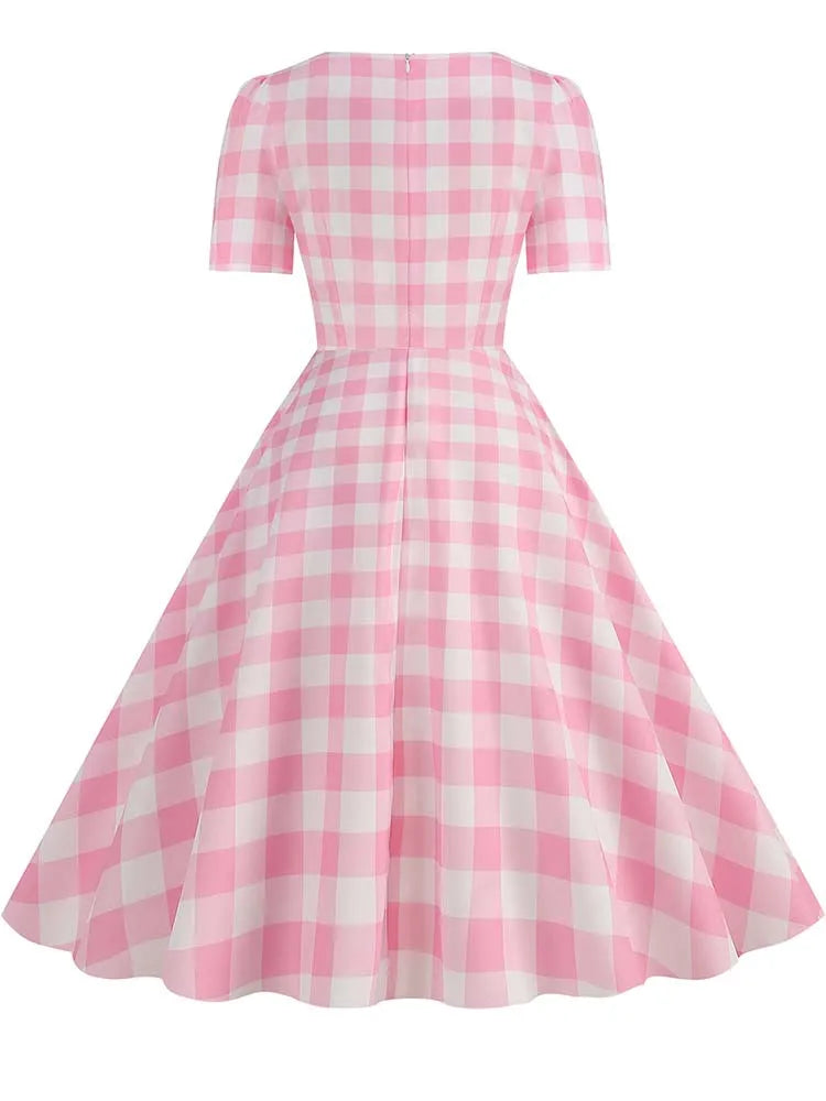 Pink Plaid Swing Party Dresses Women Elegant Vintage Square Collar Short Sleeve Casual Summer Dress