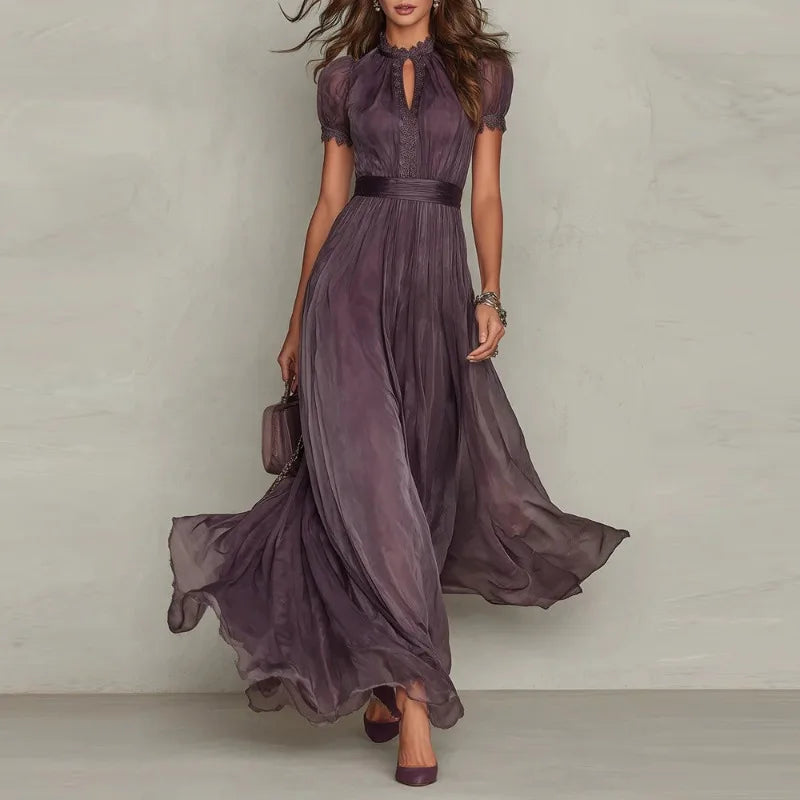 Elegant Chiffon Lace Trim Midi Dress Stand Collar Neck Puff Sleeve Cinched Waist Draped A Line Flowy Women's Casual Dresses