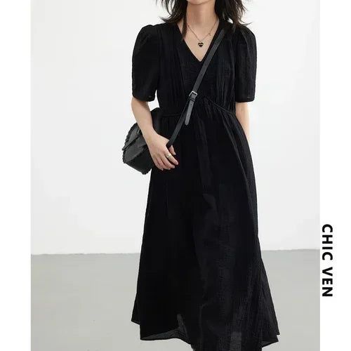 Vestido Chic Ven de mujer estilo francés vintage con cuello en V, manga abullonada, largo, negro, holgado para mujer en verano