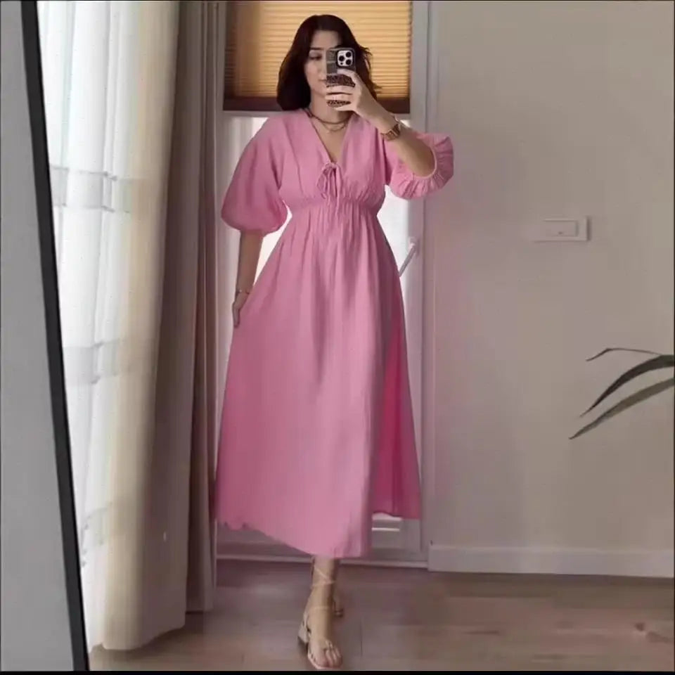 Dress Women Dresses A Line Puff Sleeve Vestidos V Neck Elastic Waist Elegant Mid Length Solid Y2k Streetwear Work Lace Up Summer