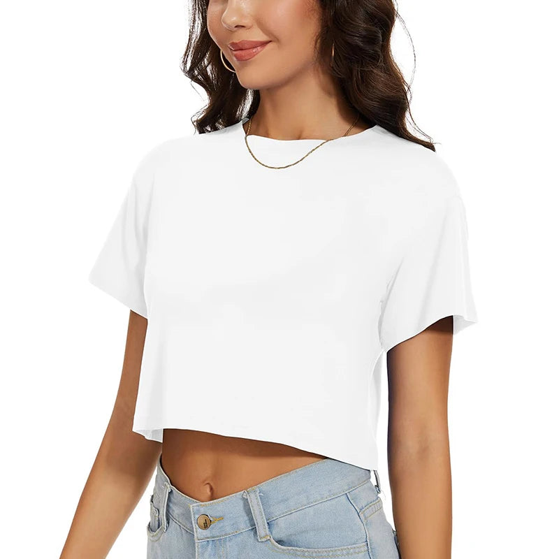 Harajuku Shirt Funny Y2K Women's Crop Tops Casual Female White Crop Tops T-shirt Round Neck Short Loose Tees Summer Streetwear
