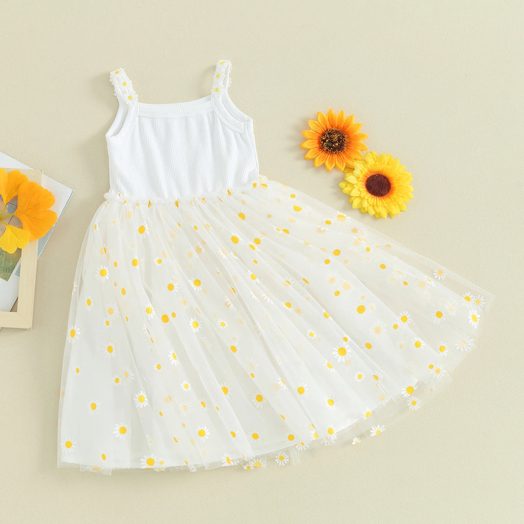 Baby Girls Daisy Mesh Patchwork Princess Dress A Line Sleeveless Lightweight Breathable Beach Party