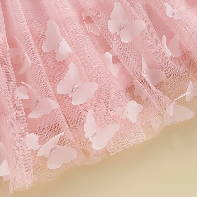 3-8Y Kid Girl Tulle Dress 3D Butterfly Short Sleeve Square Neck Mesh A-Line Dress for Spring Summer