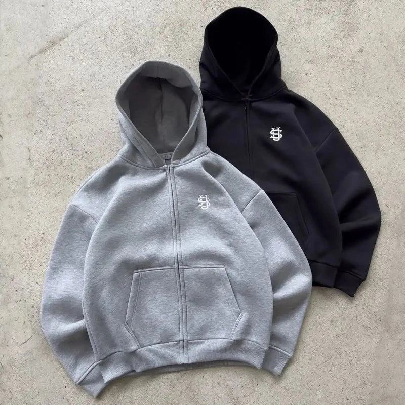 Y2k High Street Zip Embroidery Pattern Men's Hoodies Oversized Loose Sweatshirts Pullover Women Hip Hop Zip Hoodie Vintage Pants