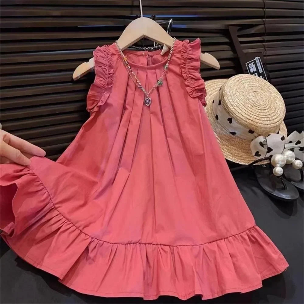 Bera Leader Korean Version Sleeveless Pleated Dress Solid Color Round Neck Children'S Clothes Summer Kids Dresses For Girls Wear