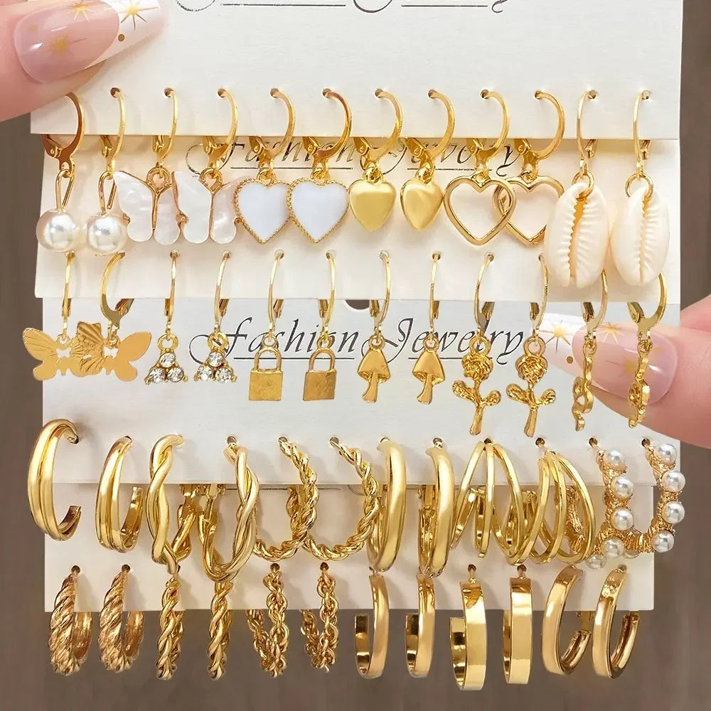 Heart Pearl Dangle Earrings Set Metal Gold Color Butterfly Locks Earrings For Women'S Shell Trendy Jewelry Hoop Earrings 2024