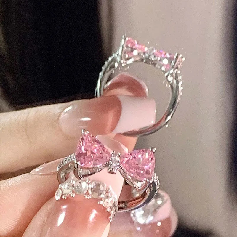 New Arrived Romantic Lovely Pink Bowknot Design Female Exquisite Jewelry Ring with Micro Bow Tie Zircon for Party and Dating