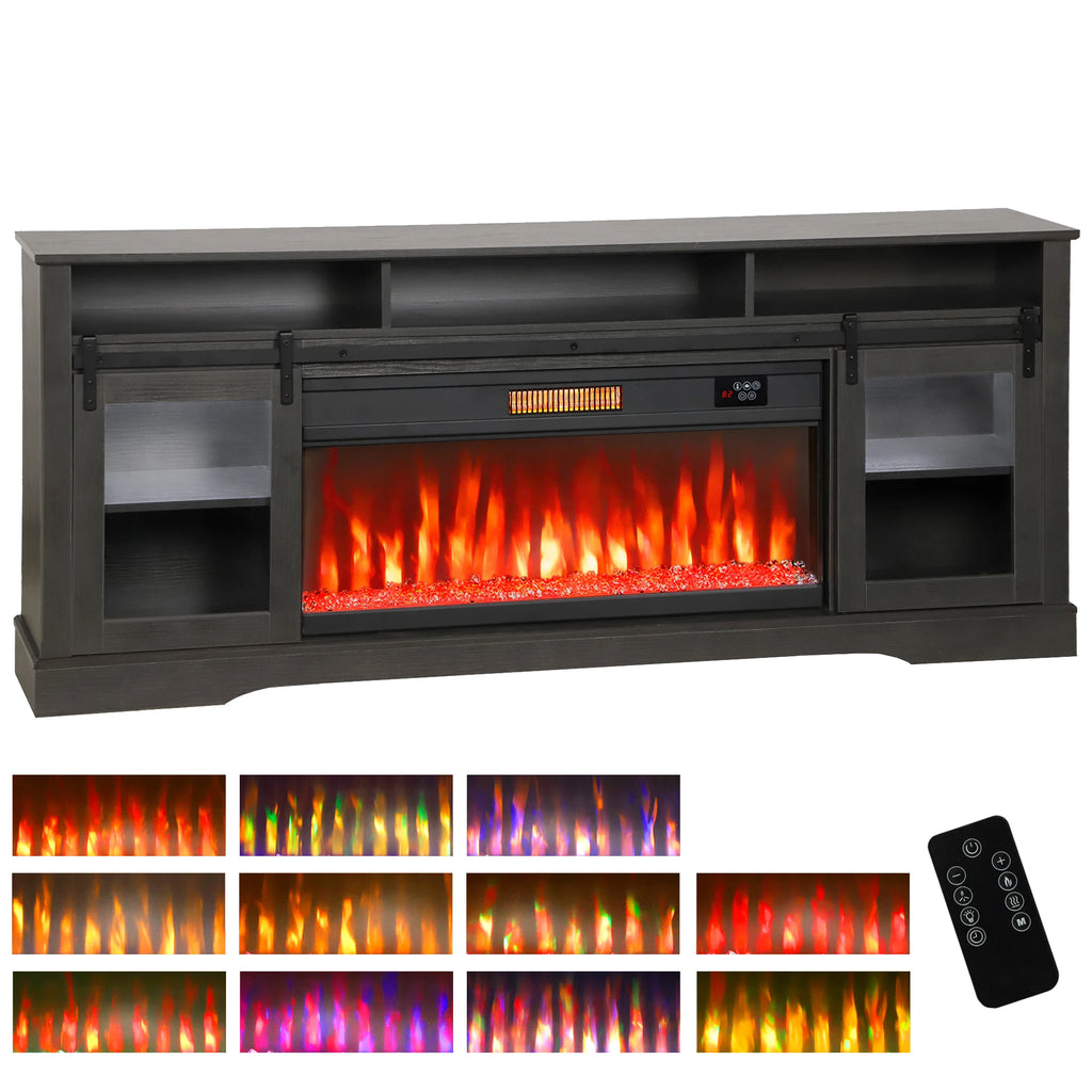 Fireplace TV Stand for TVs Up to 80 Inches, Modern Entertainment Center with 36" Glass Electric Fireplace & LED Lights, TV Console with Open Storage and Side Cabinets for Living Room, Black