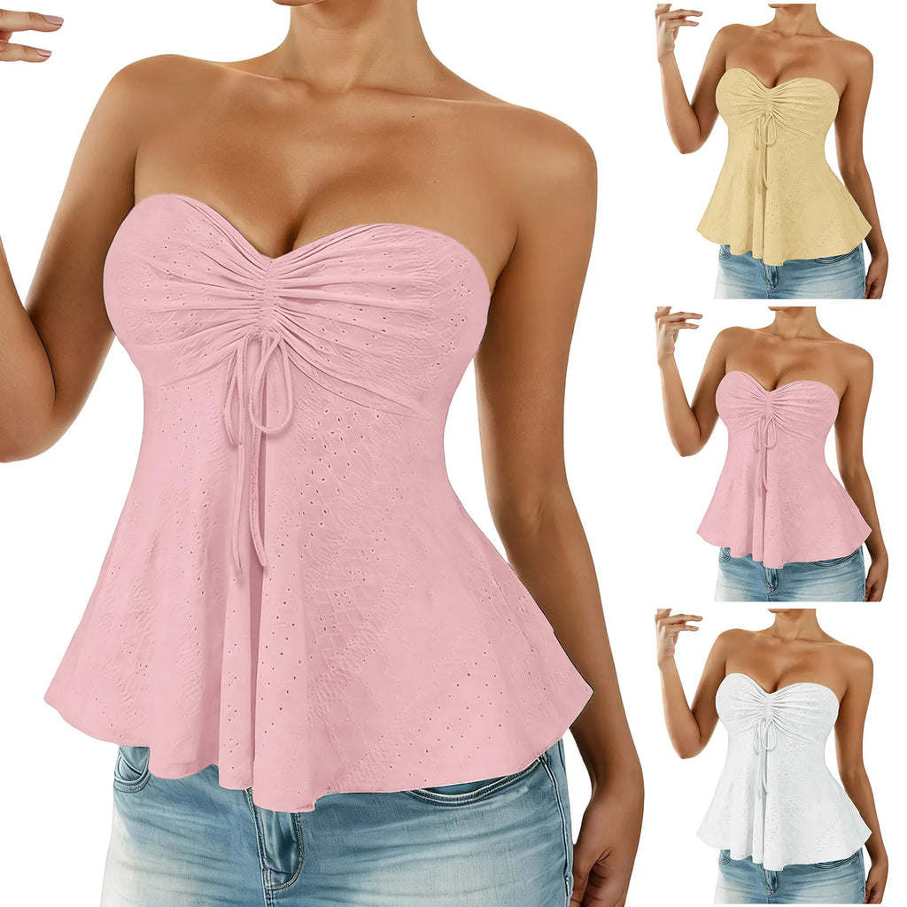 Chic Off Shoulder Bandeau Ruffled Vest Tops Women Summer Sleeveless Backless Strapless Tank Tops Street Casual Eyelet Cami Top